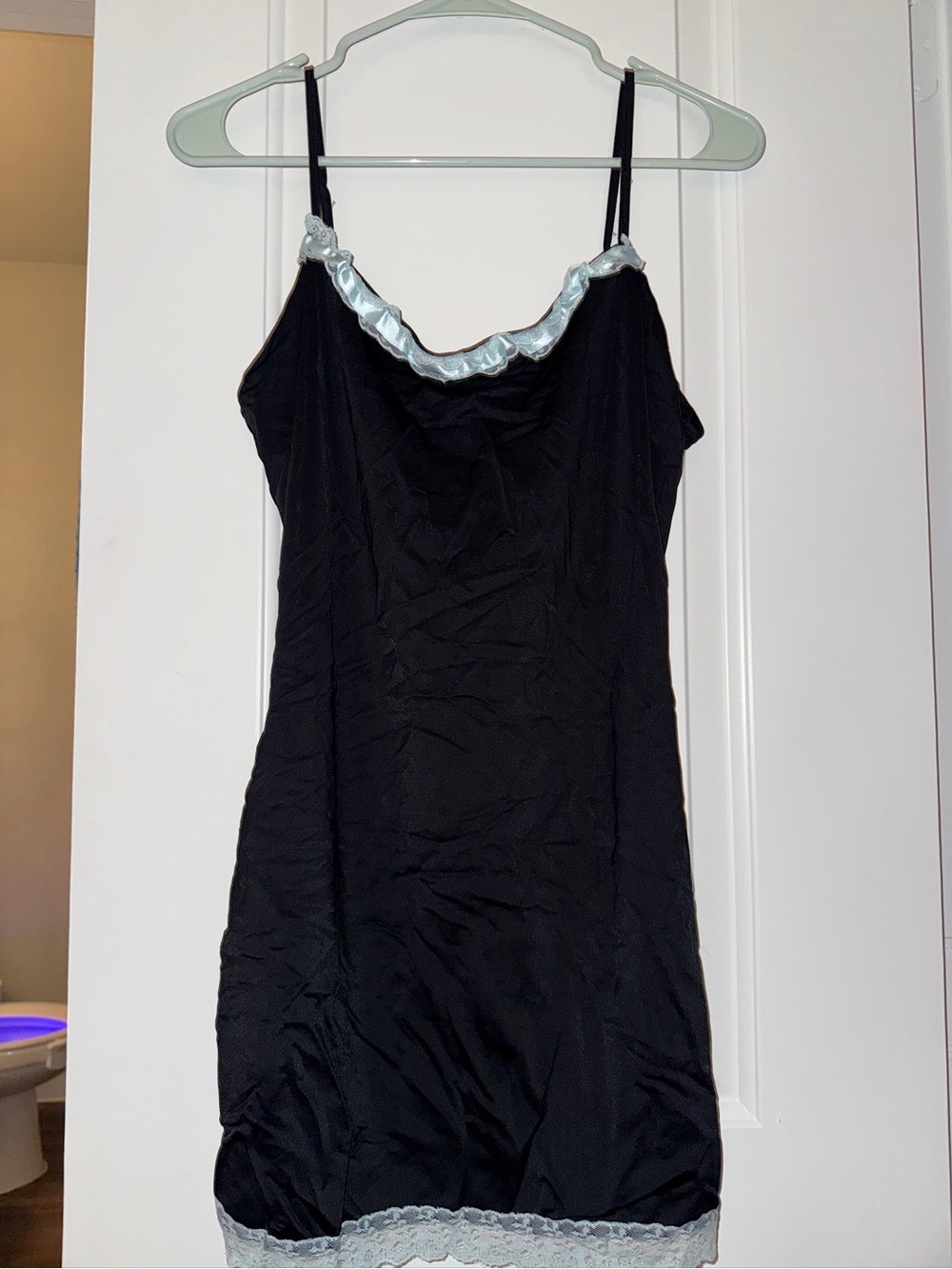 Black Satin Chemise with Light Blue Trim